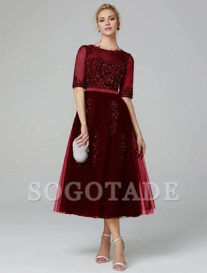 A-Line Cocktail Dress Christmas Red Green Dress Formal Evening Kentucky Derby Tea Length Sleeveless Illusion Neck Fall Wedding Guest Lace Over Tulle with Sequin Appliques-SOGOTADE