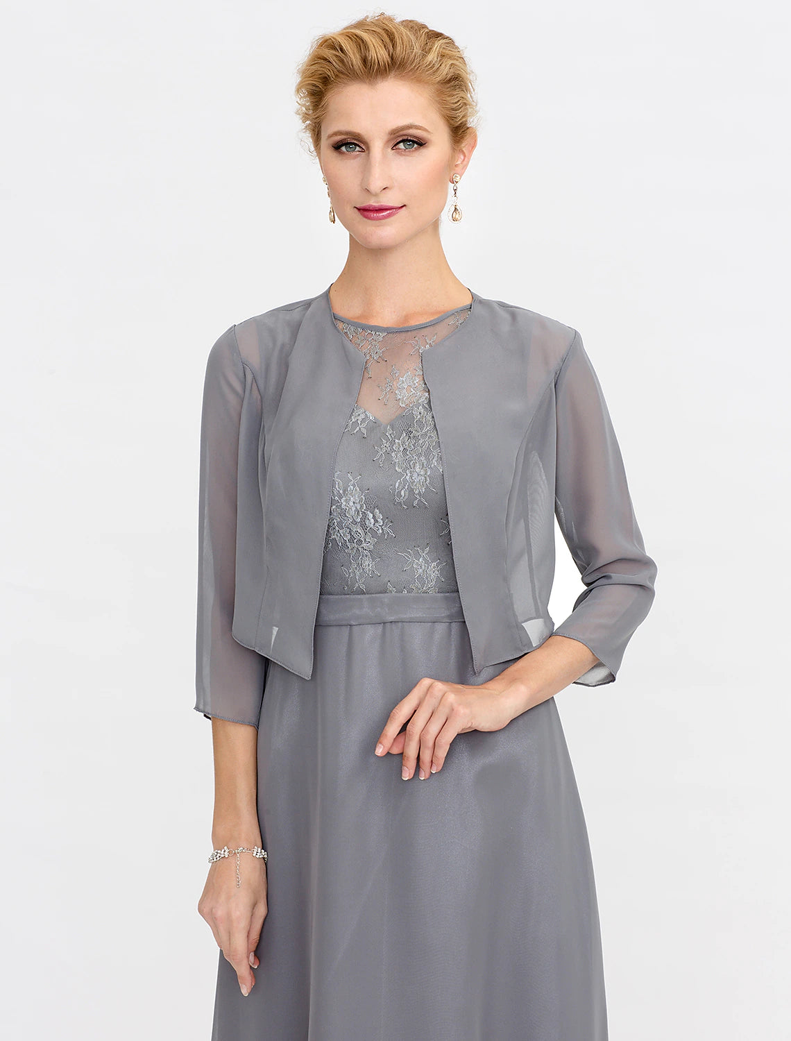 A-Line Mother of the Bride Dress Fall Wedding Guest Dresses Plus Size Elegant Illusion Neck Tea Length Chiffon Corded Lace Sleeveless Wrap Included with Lace Pleats-SOGOTADE