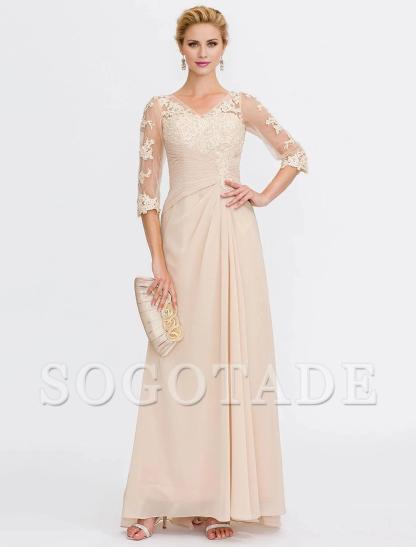 A-Line Mother of the Bride Dress Fall Wedding Guest Dresses Plus Size Elegant See Through V Neck Floor Length Chiffon Half Sleeve with Appliques Side Draping-SOGOTADE