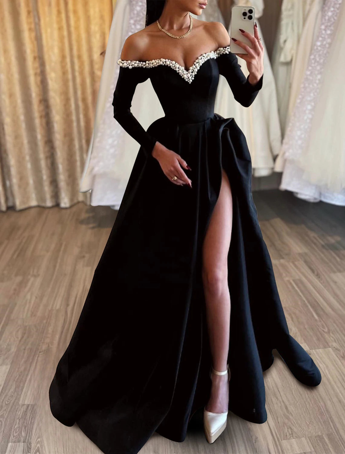 A-Line Evening Gown Black Dress Dress Formal Masquerade Sweep / Brush Train Long Sleeve Off Shoulder Satin with Pearls Slit 2024-SOGOTADE