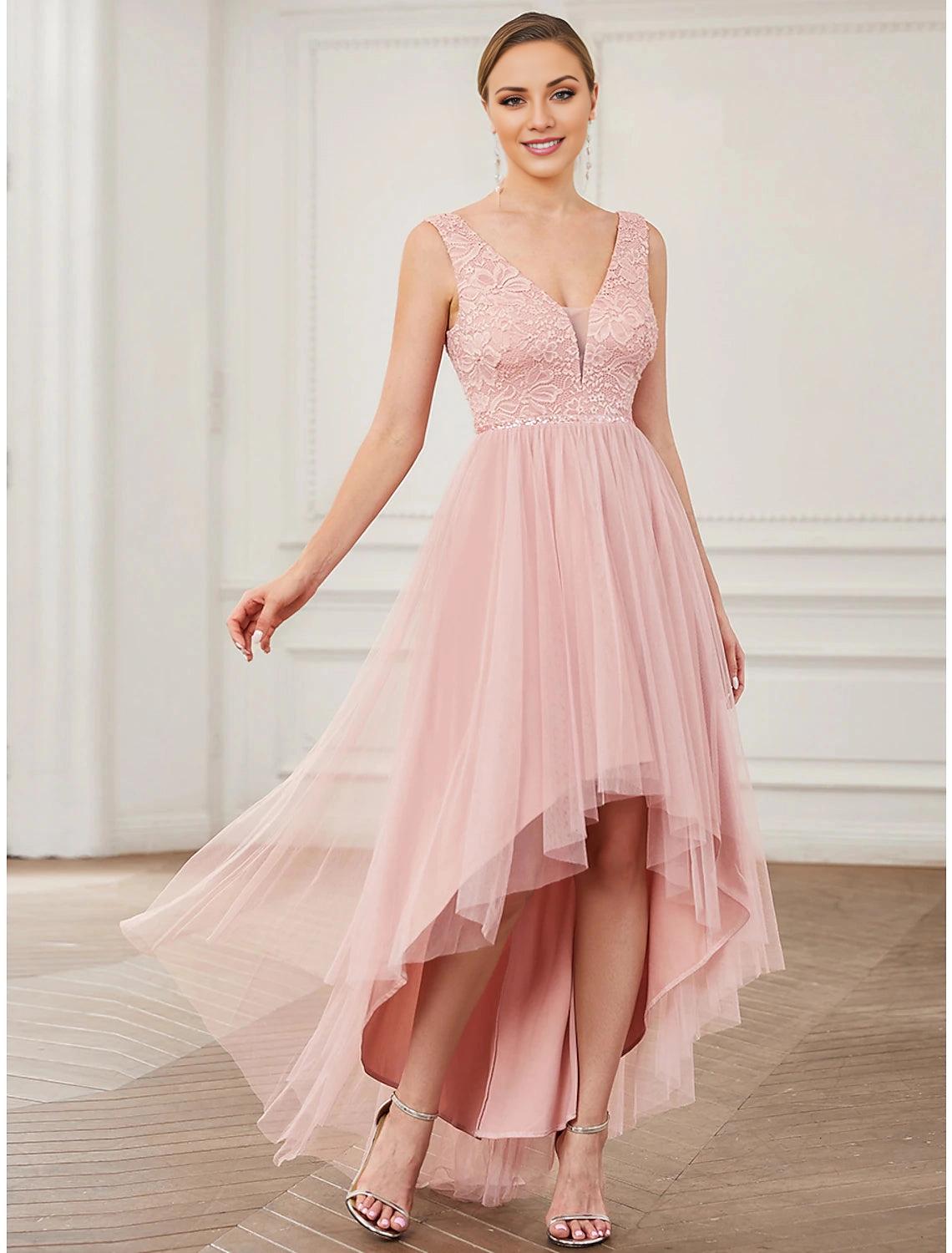 A-Line Bridesmaid Dress V Neck Sleeveless Elegant Short / Mini Lace / Tulle with Draping / Ruching-SOGOTADE