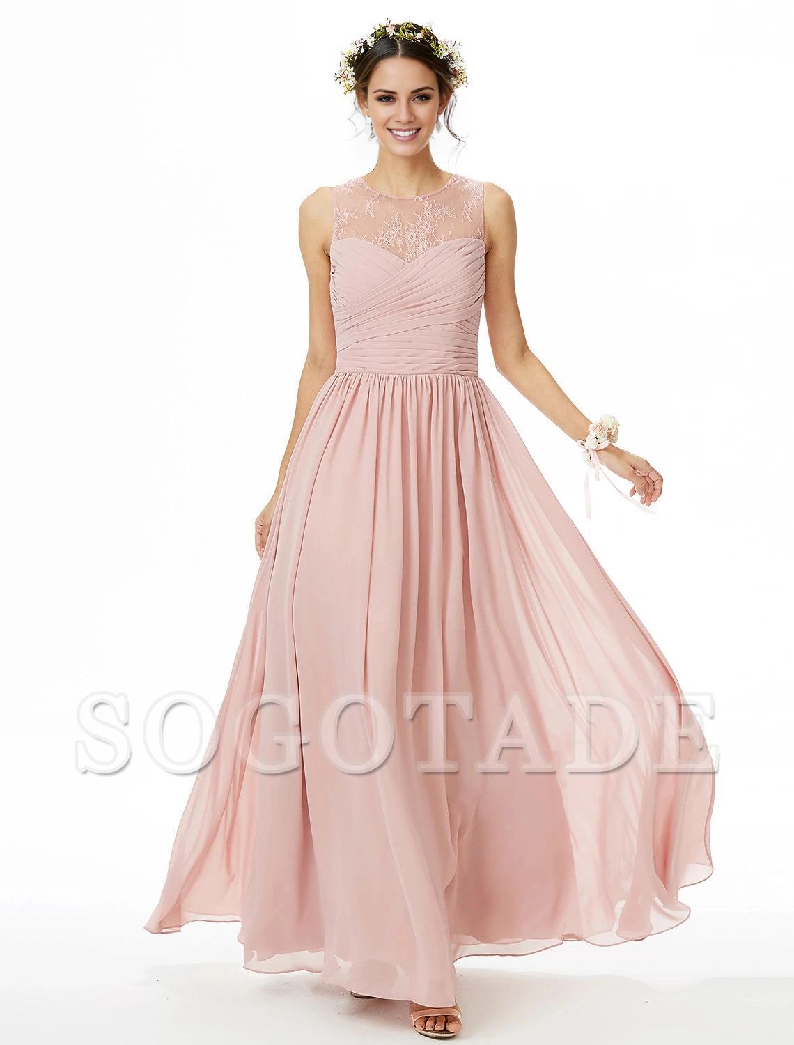 A-Line Bridesmaid Dress Jewel Neck Sleeveless See Through Floor Length Chiffon / Lace with Lace / Criss Cross / Pleats-SOGOTADE