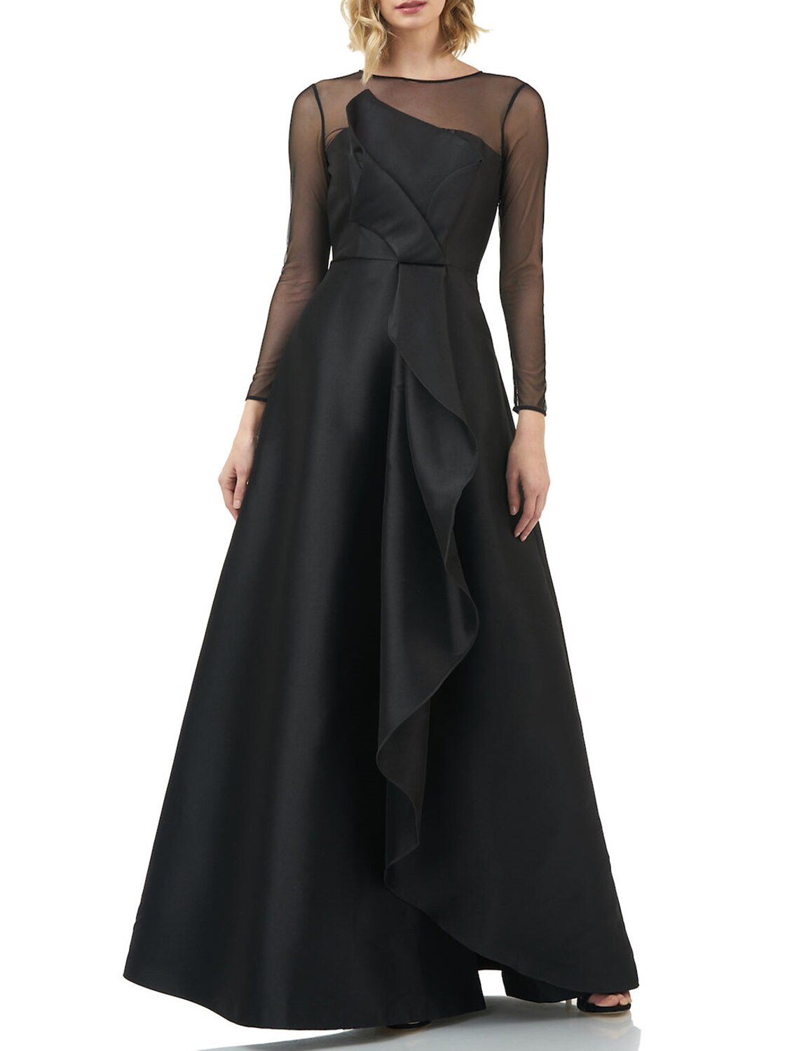 A-Line Evening Dress Black Dress Elegant Dress Wedding Wedding Guest Floor Length Long Sleeve Jewel Neck Gothic Satin with Ruffles 2024-SOGOTADE