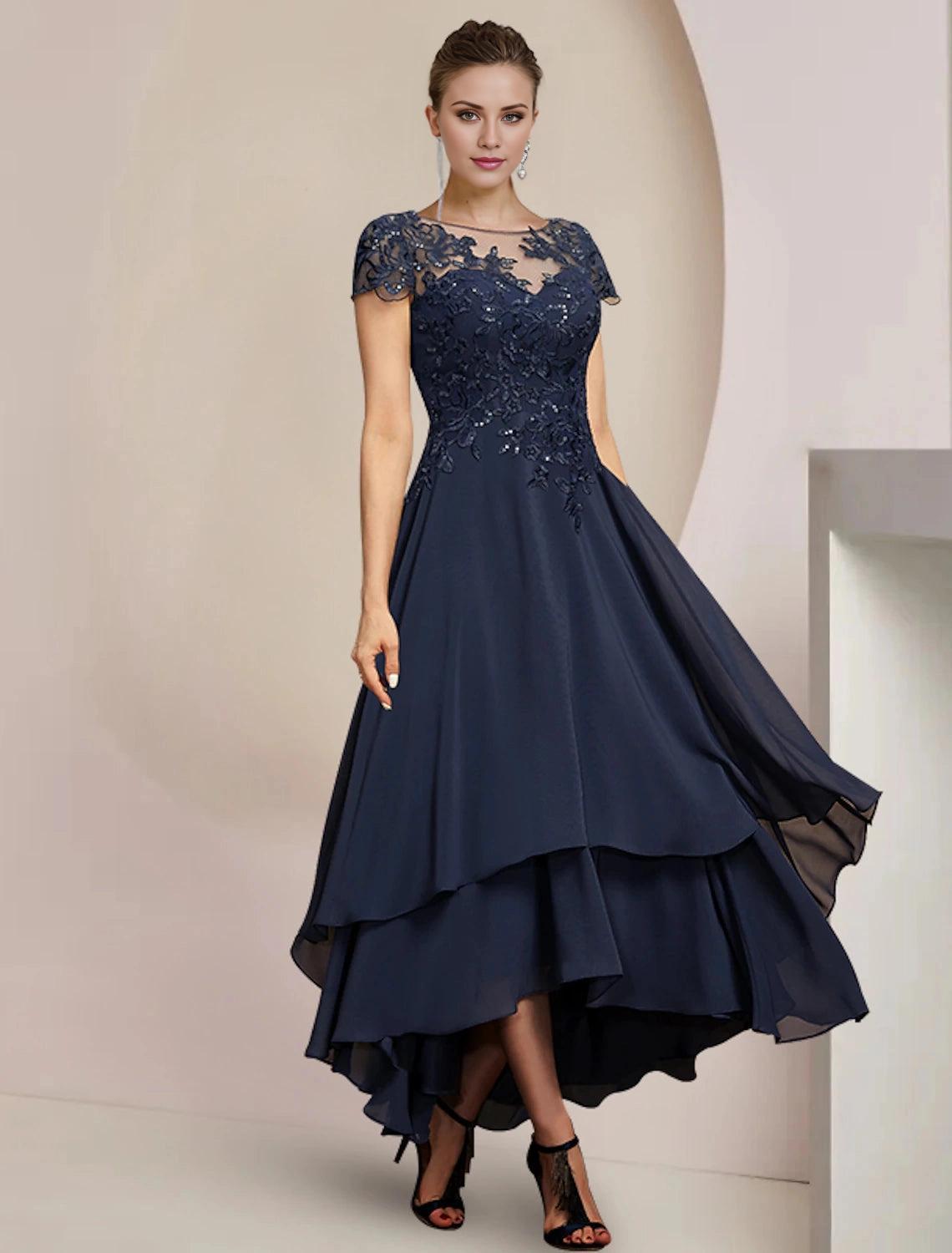 A-Line Mother of the Bride Dress Formal Wedding Guest Elegant High Low Scoop Neck Asymmetrical Tea Length Chiffon Lace Short Sleeve with Sequin Appliques-SOGOTADE