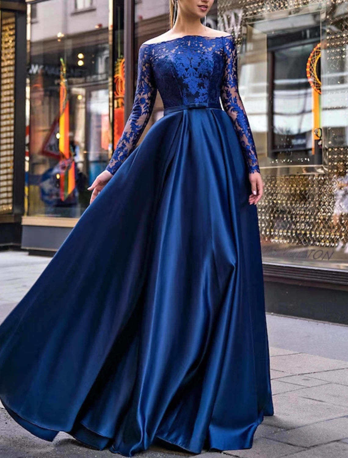 A-Line Evening Gown Party Dress Christmas Red Green Dress Elegant Dress Wedding Guest Fall Floor Length Long Sleeve Off Shoulder Belt / Sash Satin with Appliques 2024-SOGOTADE