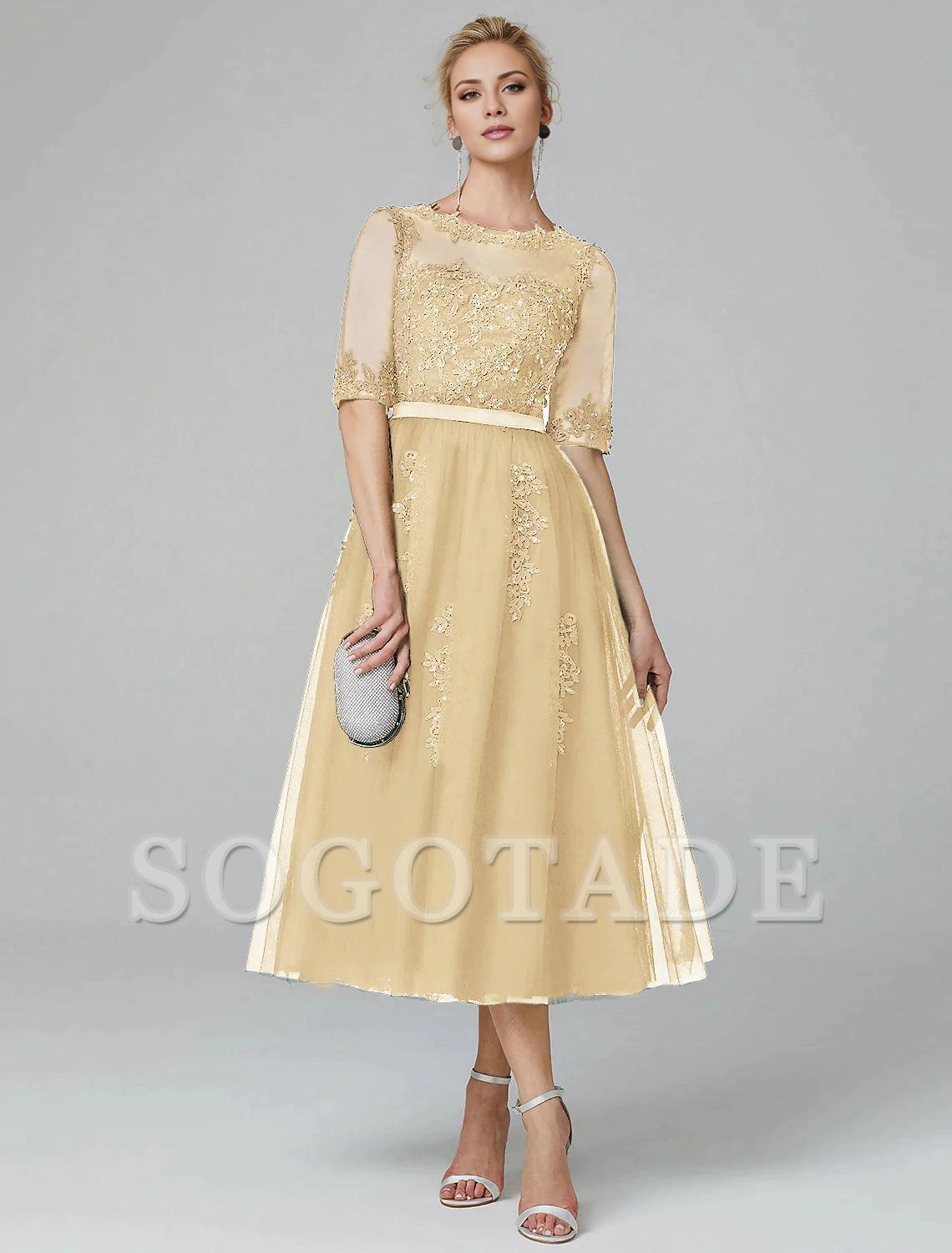 A-Line Cocktail Dress Christmas Red Green Dress Formal Evening Kentucky Derby Tea Length Sleeveless Illusion Neck Fall Wedding Guest Lace Over Tulle with Sequin Appliques-SOGOTADE