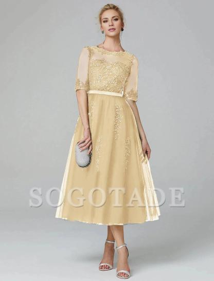 A-Line Cocktail Dress Christmas Red Green Dress Formal Evening Kentucky Derby Tea Length Sleeveless Illusion Neck Fall Wedding Guest Lace Over Tulle with Sequin Appliques-SOGOTADE