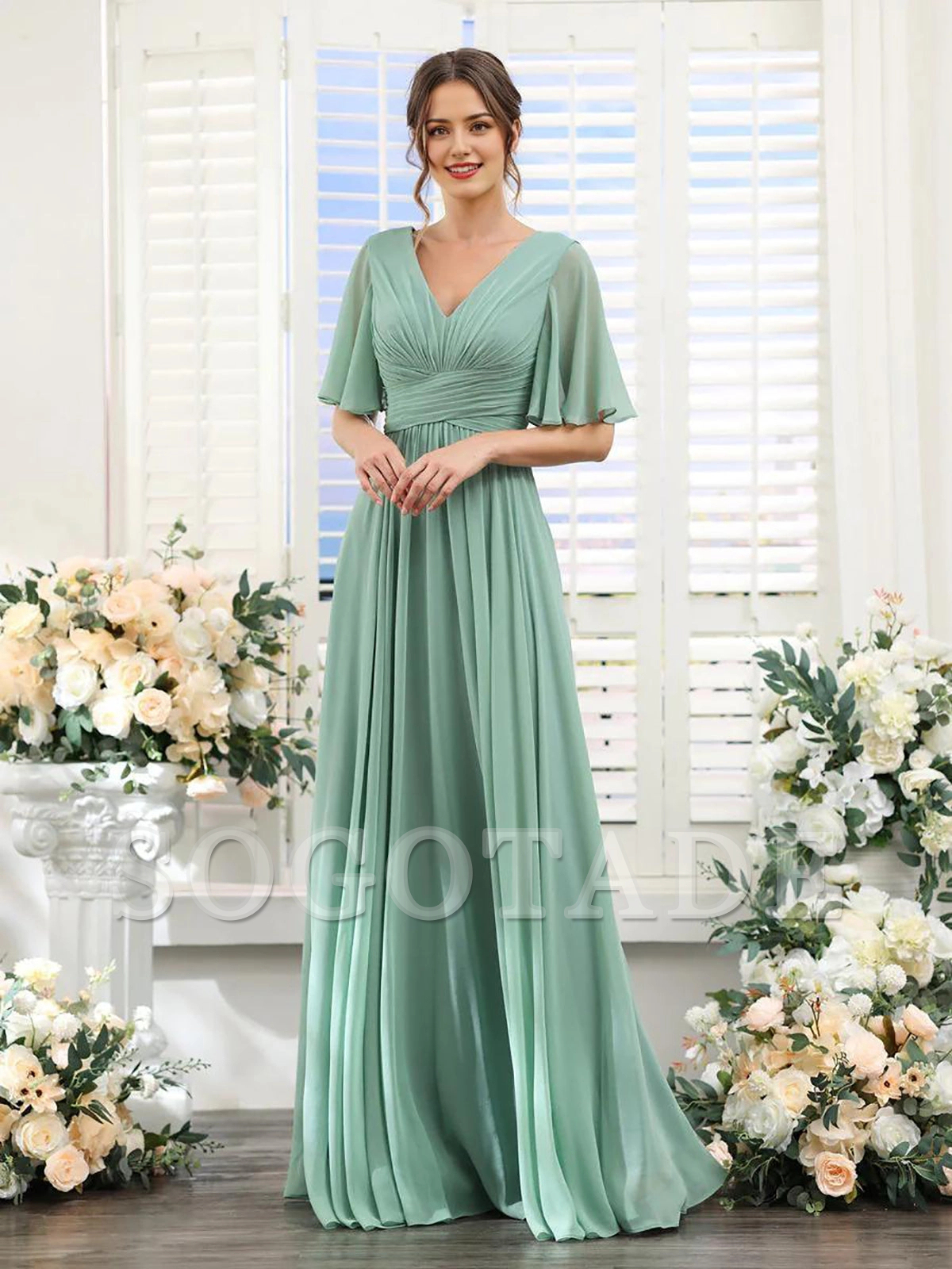 A-shaped V-shaped leader bridesmaid dress, suitable for wedding guests, long chiffon formal slit party dress