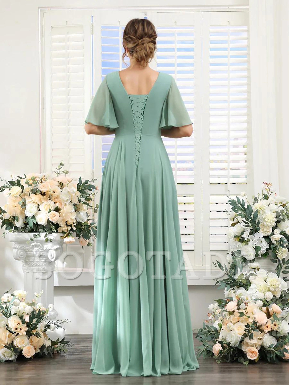 A-shaped V-shaped leader bridesmaid dress, suitable for wedding guests, long chiffon formal slit party dress
