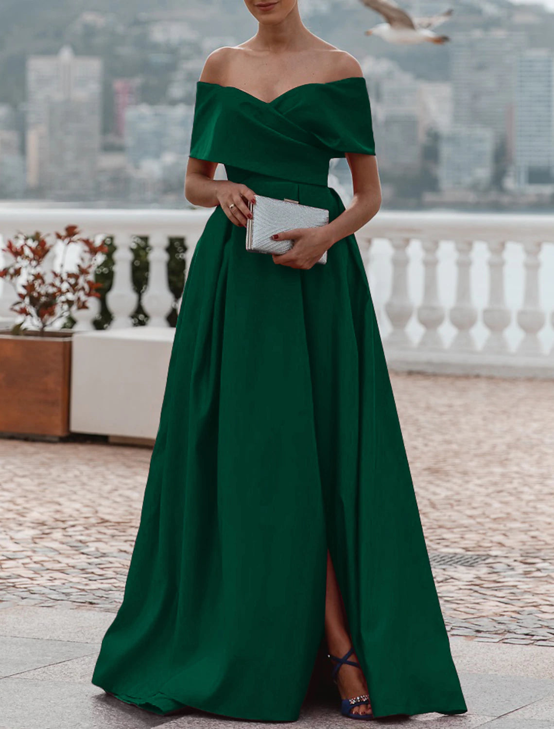 A-Line Evening Gown Party Dress Celebrity Style Dress Formal Wedding Court Train Sleeveless Off Shoulder Bridesmaid Dress Satin with Ruched Slit-SOGOTADE