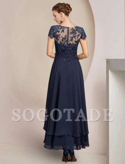 A-Line Mother of the Bride Dress Formal Wedding Guest Elegant High Low Scoop Neck Asymmetrical Tea Length Chiffon Lace Short Sleeve with Sequin Appliques-SOGOTADE