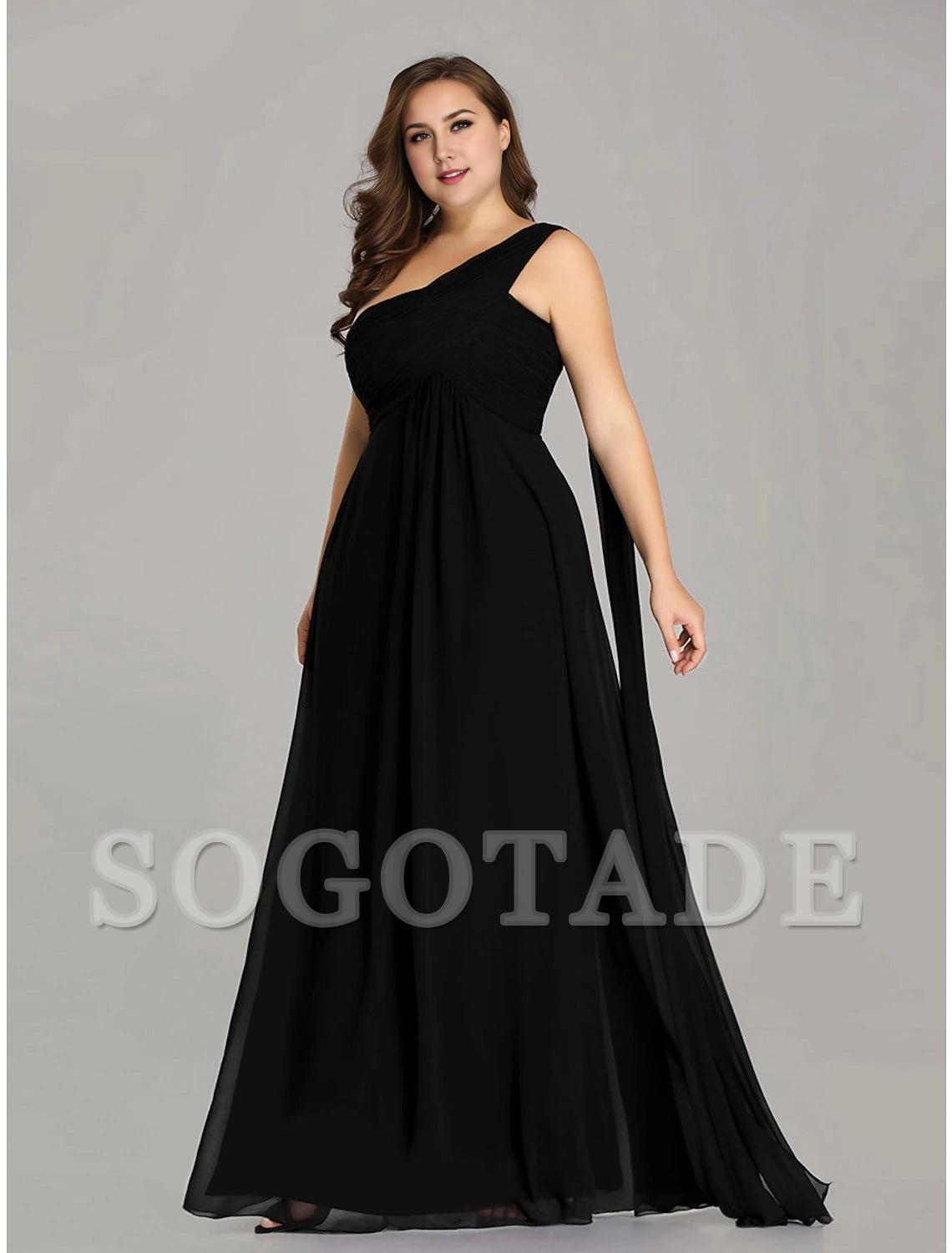 A-Line Evening Gown Empire Dress Formal Evening Floor Length Sleeveless One Shoulder Bridesmaid Dress Chiffon Backless with Pleats Draping-SOGOTADE