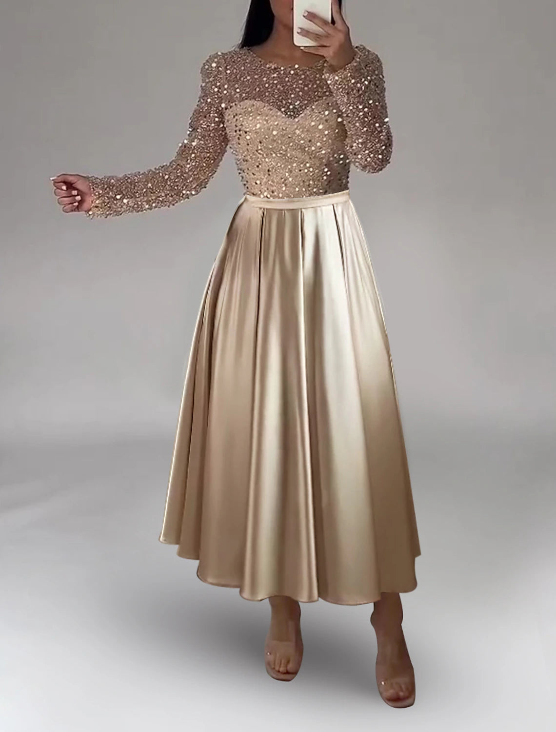 A-Line Evening Gown Sparkle Dress Formal Wedding Ankle Length Long Sleeve Jewel Neck Fall Wedding Guest Satin with Pearls Sequin-SOGOTADE