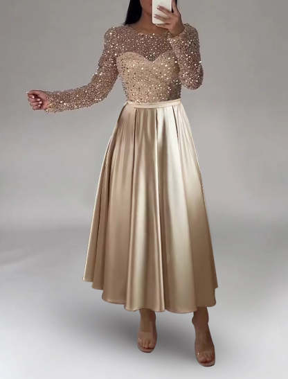 A-Line Evening Gown Sparkle Dress Formal Wedding Ankle Length Long Sleeve Jewel Neck Fall Wedding Guest Satin with Pearls Sequin-SOGOTADE