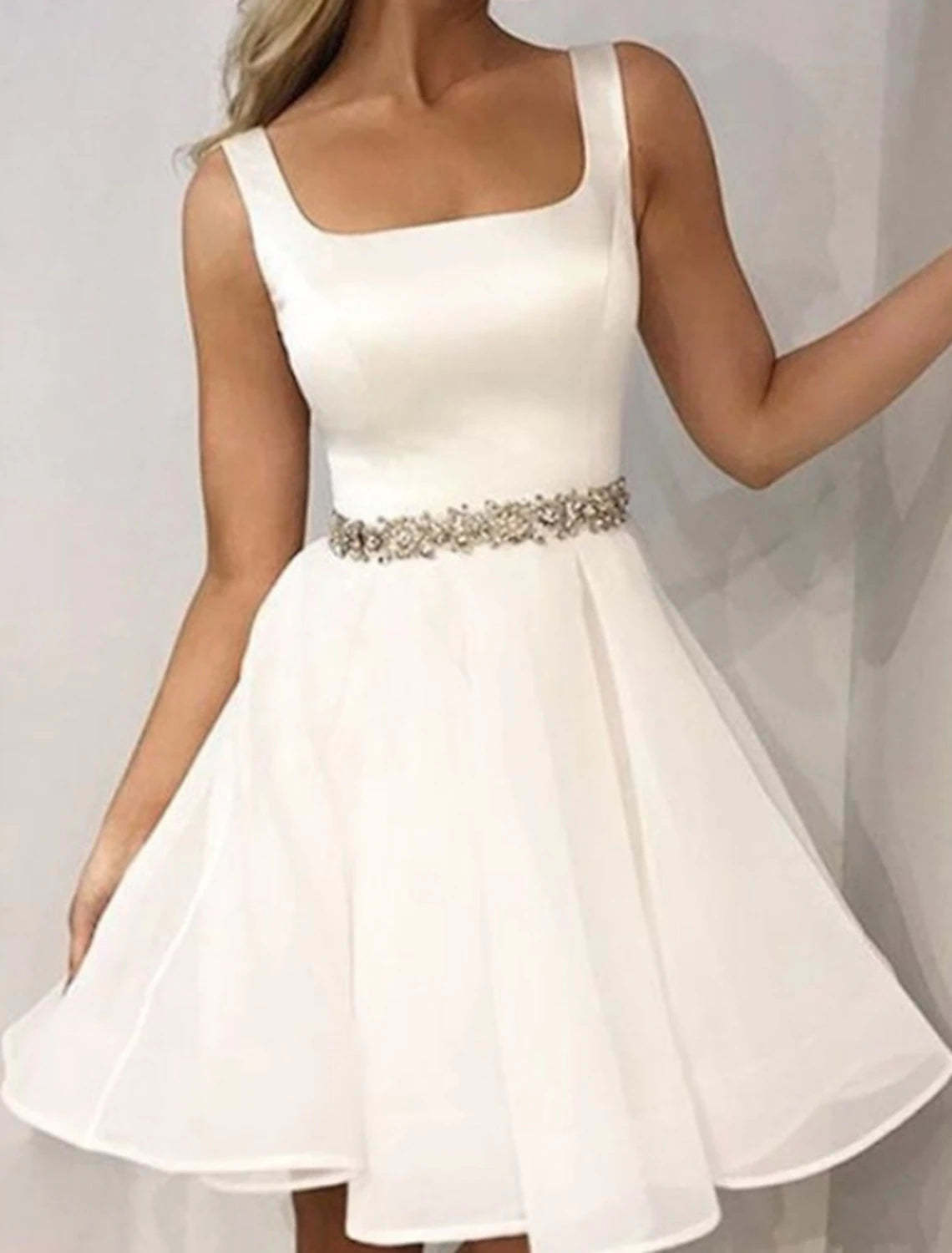 A-Line Mini Homecoming Dress Minimalist Elegant Cocktail Party Dress Scoop Neck Sleeveless Short / Mini Satin With Sash Blet-SOGOTADE