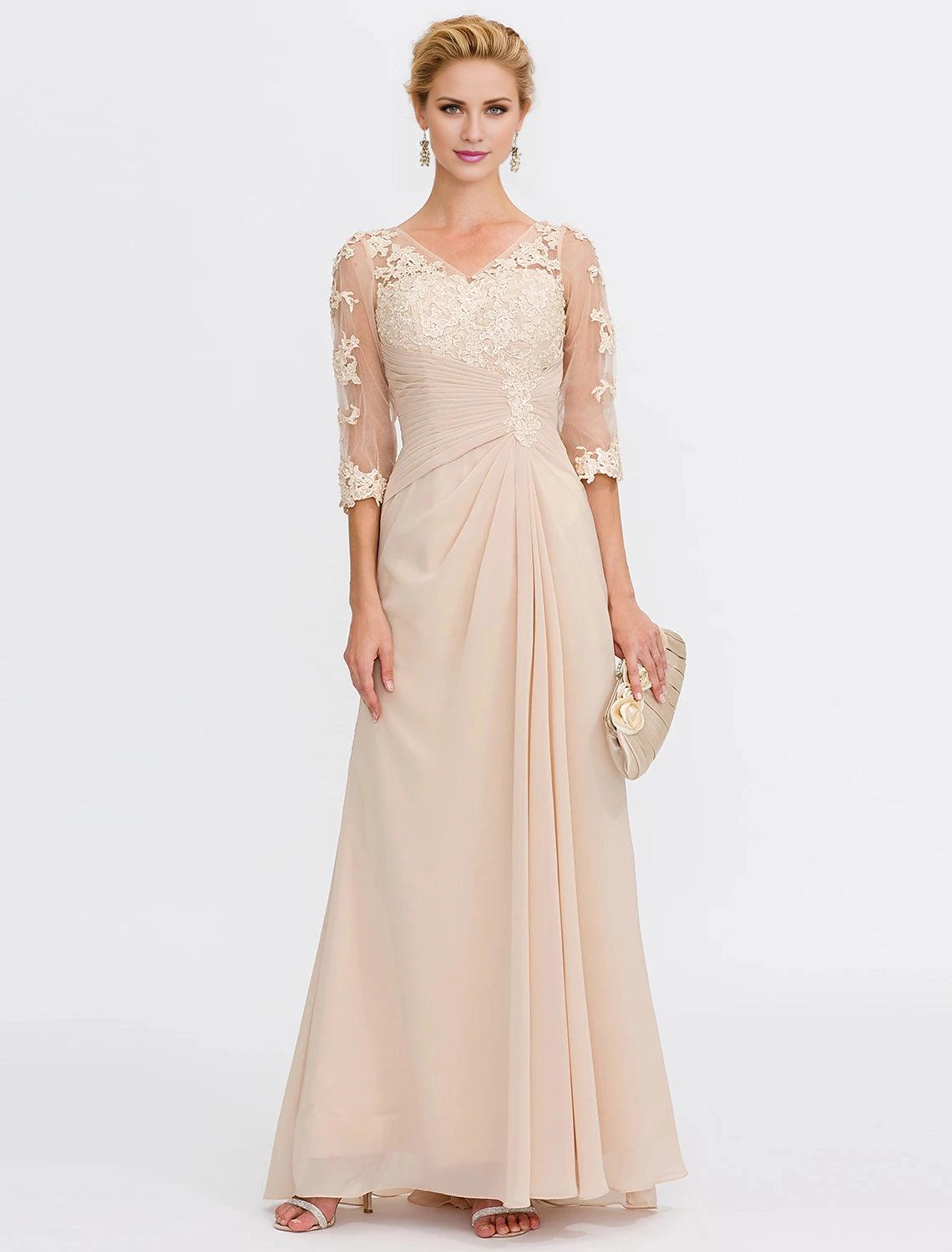 A-Line Mother of the Bride Dress Fall Wedding Guest Dresses Plus Size Elegant See Through V Neck Floor Length Chiffon Half Sleeve with Appliques Side Draping-SOGOTADE