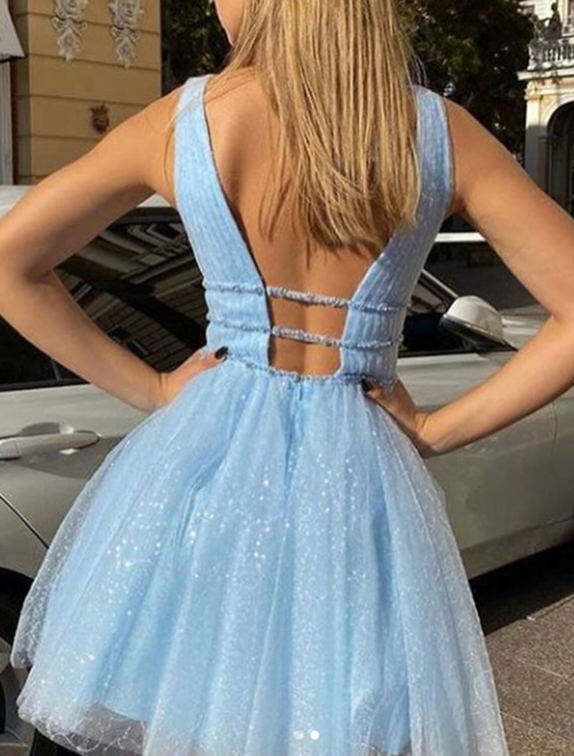A-Line Homecoming Dresses Sleeveless Sparkle & Shine Dress Party Dress Knee Length V Neck Tulle With Sequin Pure Color-SOGOTADE