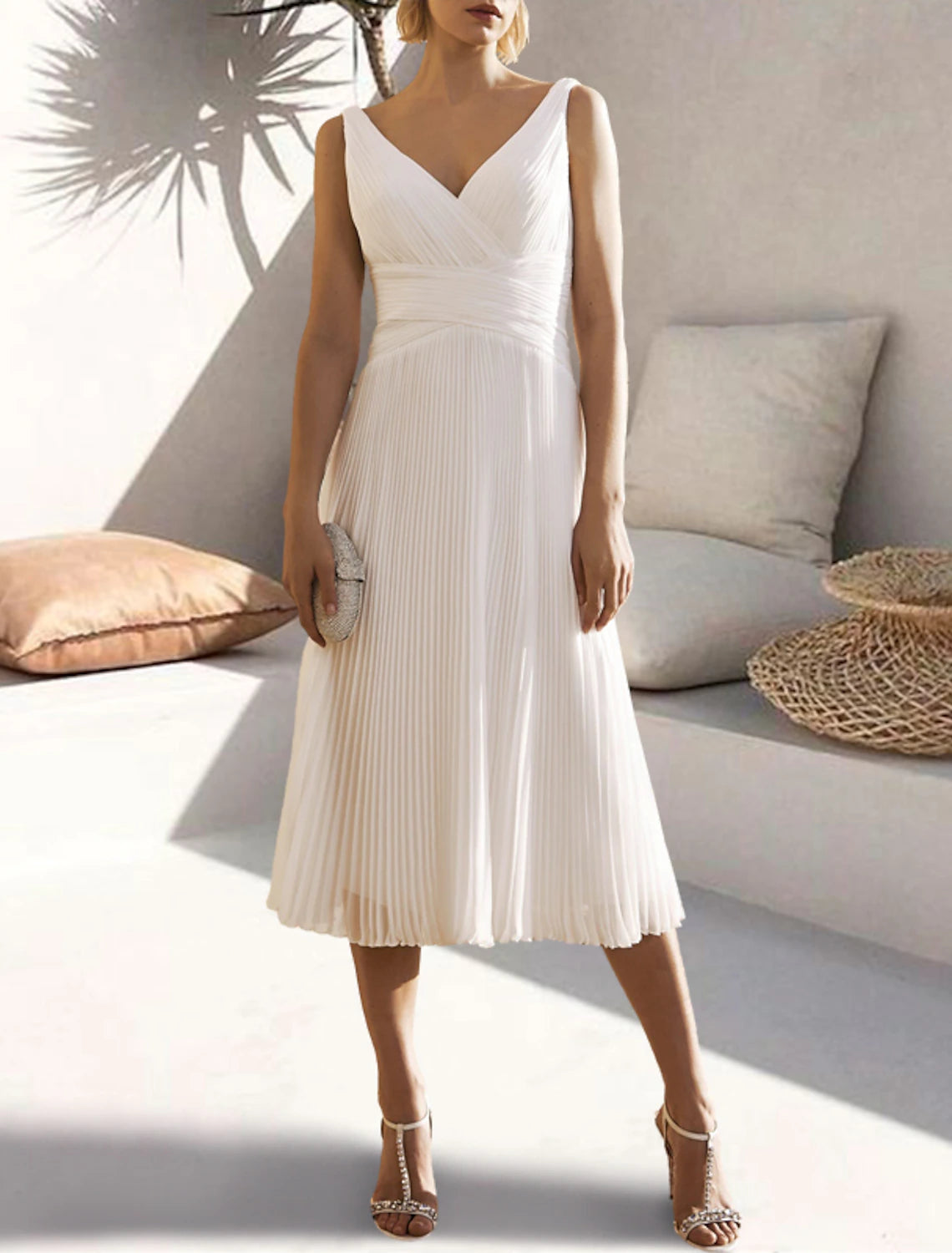 A-Line Cocktail Dresses Open Back Dress Formal Wedding Guest Tea Length Sleeveless V Neck Chiffon with Ruched Pure Color 2024-SOGOTADE