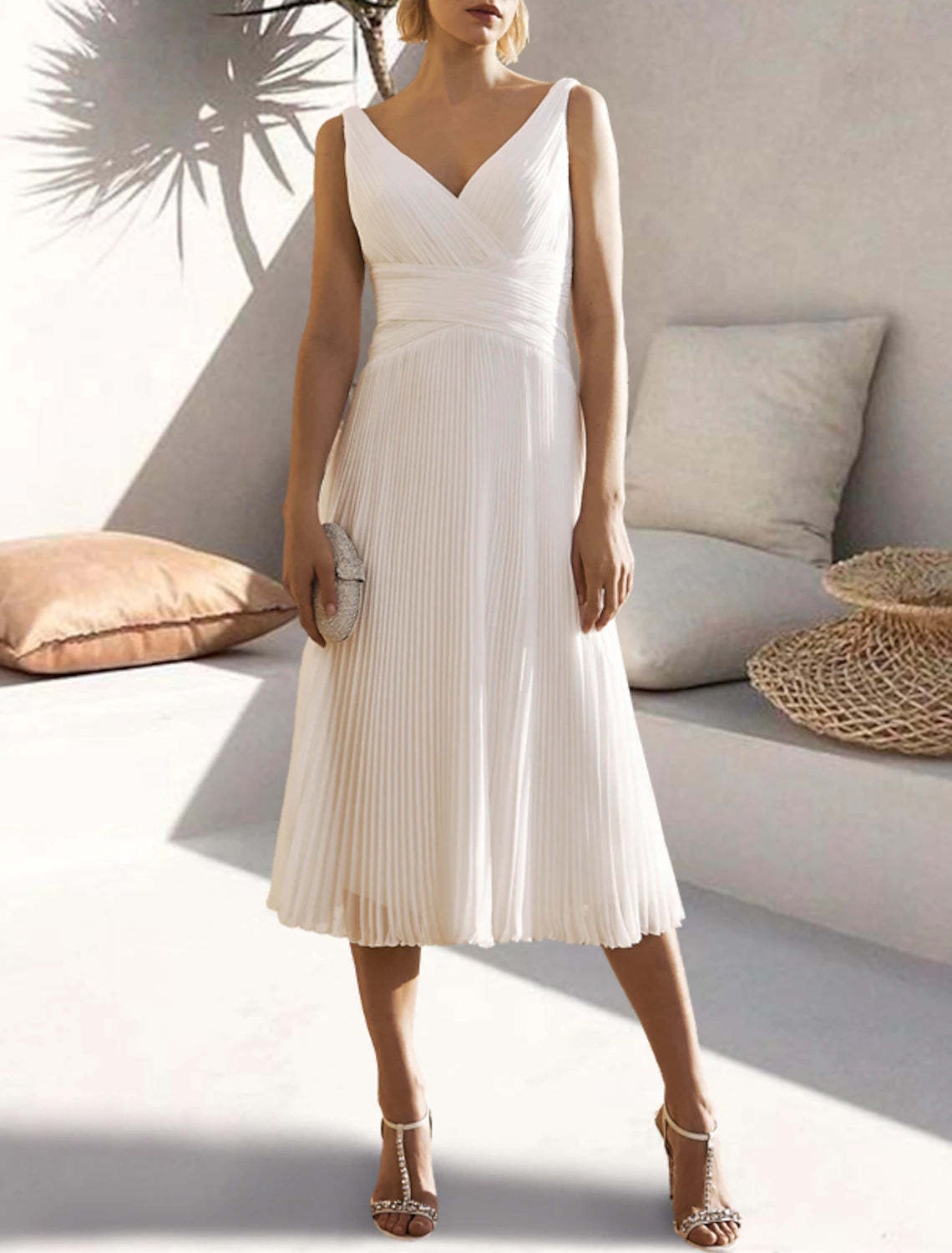 A-Line Cocktail Dresses Open Back Dress Formal Wedding Guest Tea Length Sleeveless V Neck Chiffon with Ruched Pure Color 2024-SOGOTADE