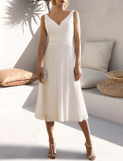 A-Line Cocktail Dresses Open Back Dress Formal Wedding Guest Tea Length Sleeveless V Neck Chiffon with Ruched Pure Color 2024-SOGOTADE