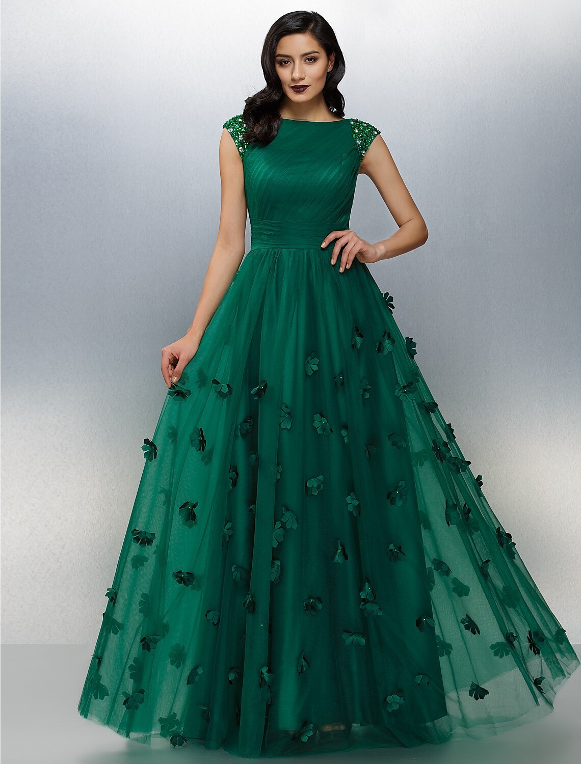A-Line Floral Dress Wedding Guest Prom Floor Length Short Sleeve Boat Neck Tulle with Crystals Appliques 2024-SOGOTADE