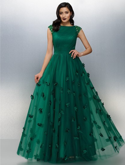 A-Line Floral Dress Wedding Guest Prom Floor Length Short Sleeve Boat Neck Tulle with Crystals Appliques 2024-SOGOTADE