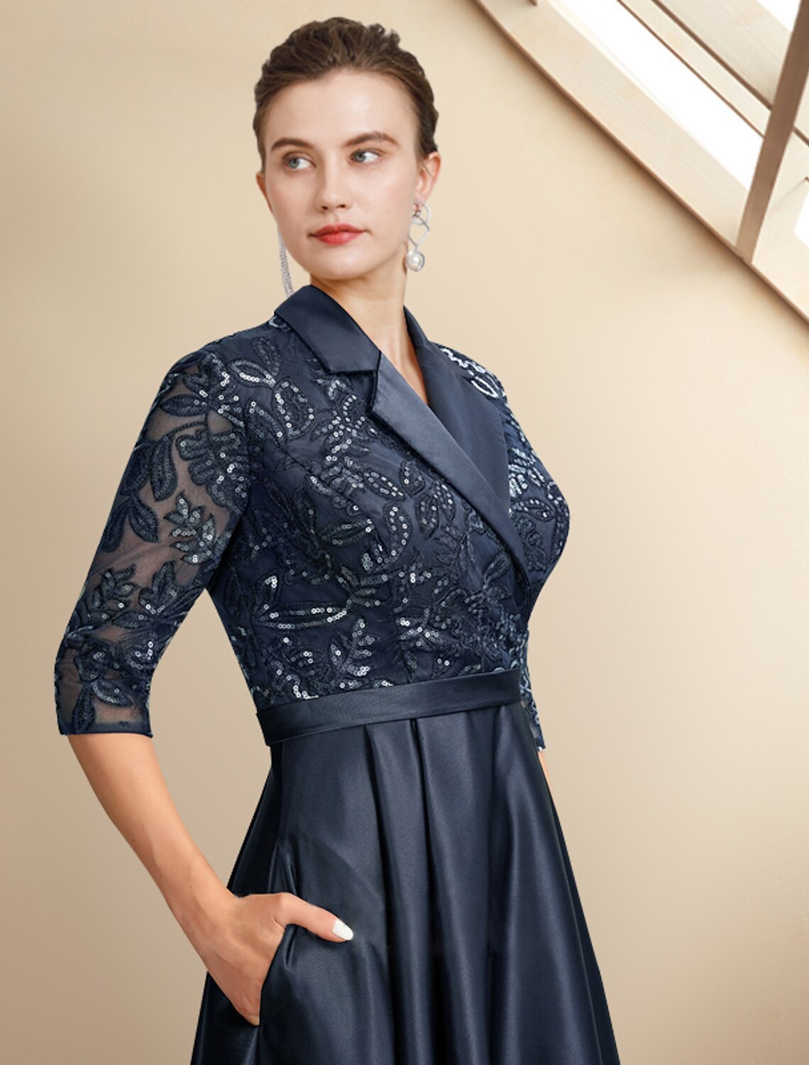 A-Line Mother of the Bride Dress Plus Size Elegant High Low Shirt Collar Asymmetrical Tea Length Satin Lace Half Sleeve with Pleats Sequin Appliques-SOGOTADE