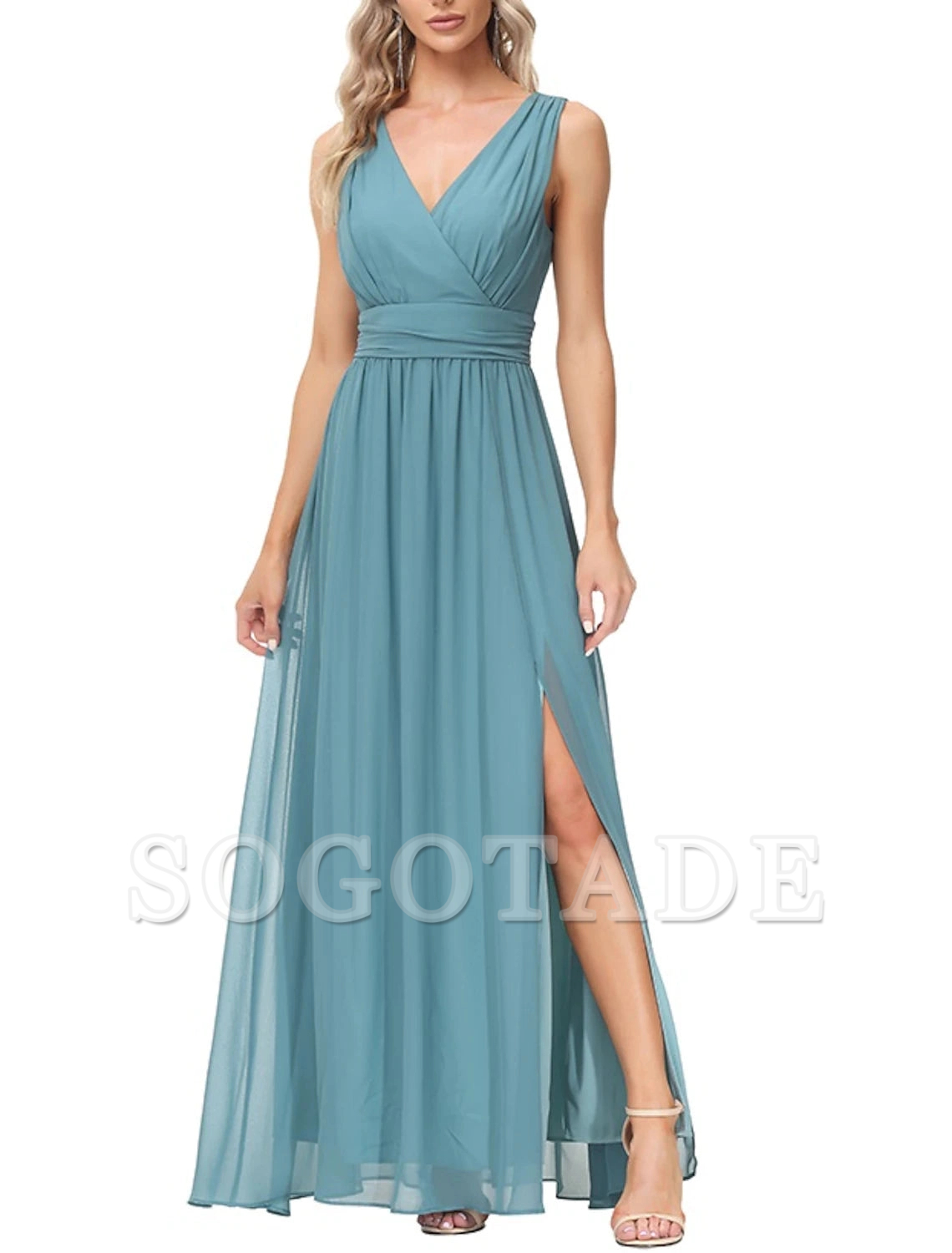 A-Line Evening Gown Elegant Dress Wedding Guest Party Wear Floor Length Sleeveless V Neck Bridesmaid Dress Chiffon V Back with Slit-SOGOTADE