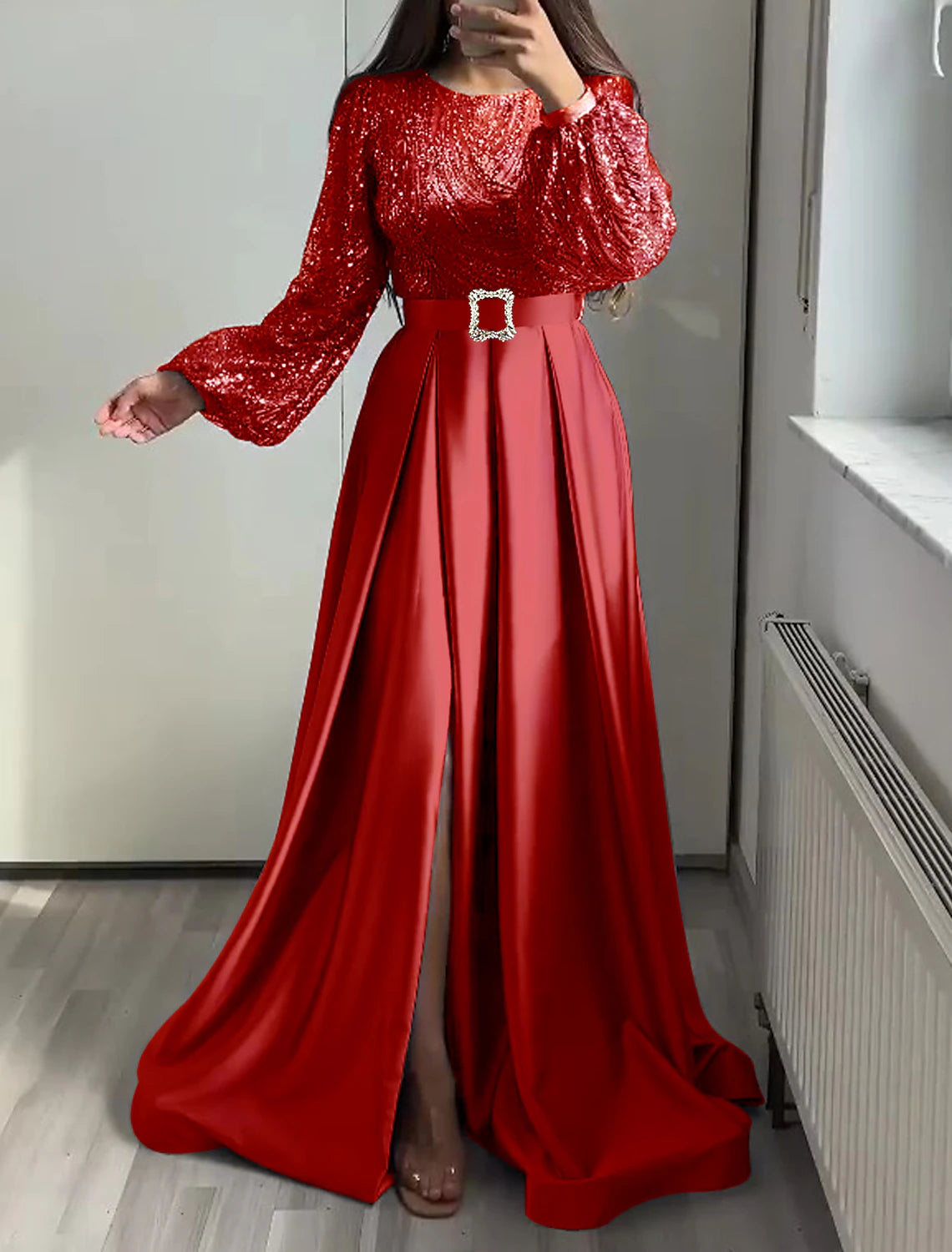 A-Line Evening Gown Elegant Dress Wedding Black Tie Floor Length Long Sleeve Jewel Neck Fall Wedding Guest Satin with Sequin-SOGOTADE