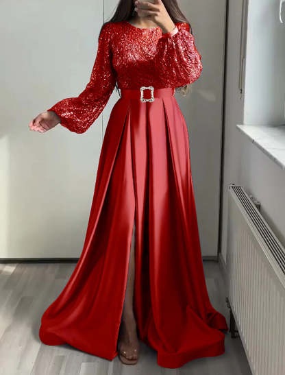 A-Line Evening Gown Elegant Dress Wedding Black Tie Floor Length Long Sleeve Jewel Neck Fall Wedding Guest Satin with Sequin-SOGOTADE