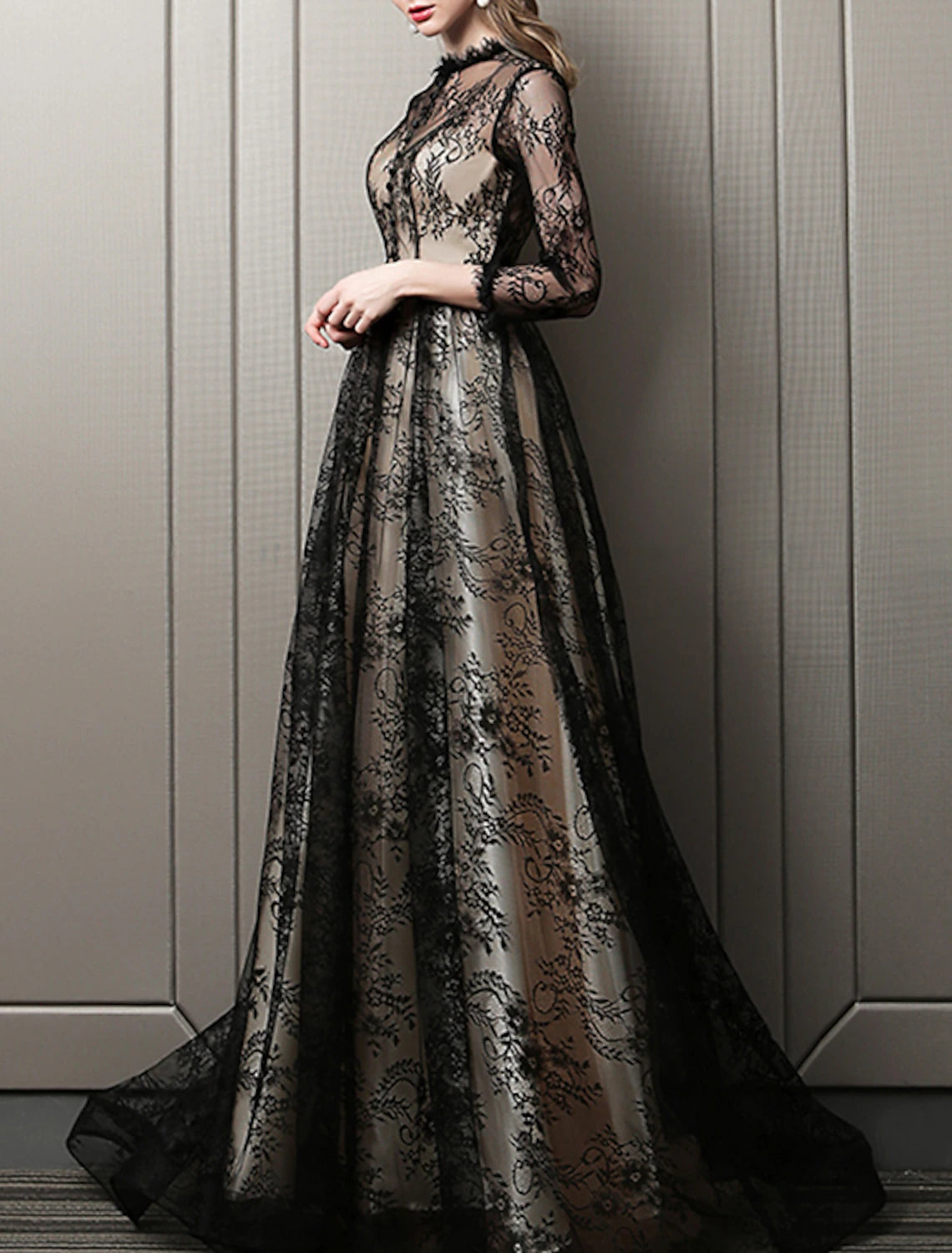 A-Line Evening Gown Cut Out Dress Wedding Guest Formal Evening Sweep / Brush Train 3/4 Length Sleeve Jewel Neck Lace with Pattern / Print 2024-SOGOTADE