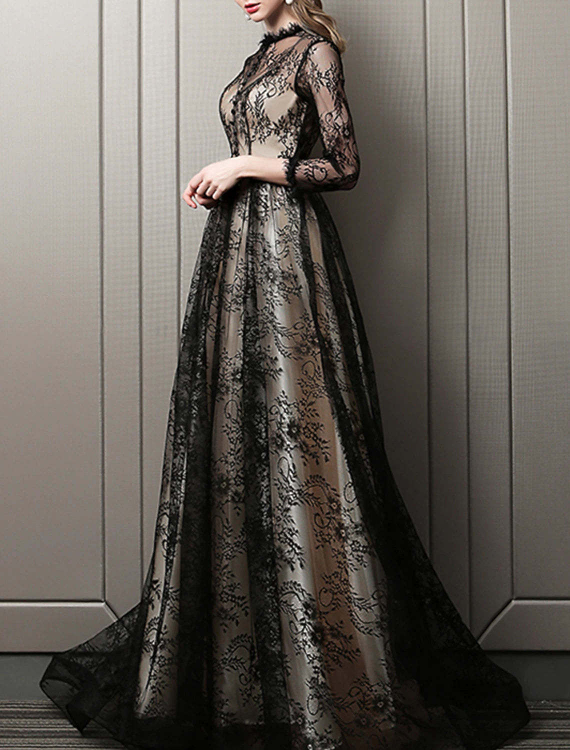 A-Line Evening Gown Cut Out Dress Wedding Guest Formal Evening Sweep / Brush Train 3/4 Length Sleeve Jewel Neck Lace with Pattern / Print 2024-SOGOTADE