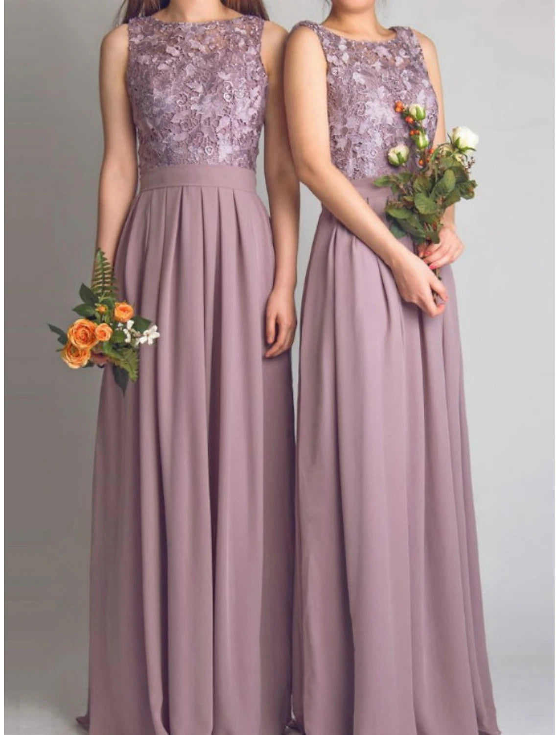 A-Line Bridesmaid Dress Scoop Neck Sleeveless Elegant Floor Length Chiffon with Lace / Ruching-SOGOTADE