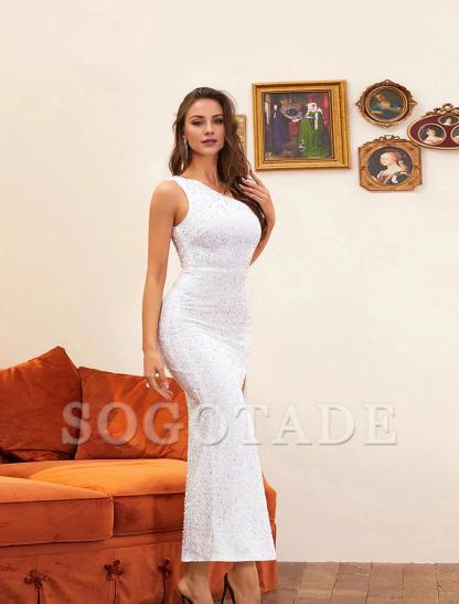 Mermaid / Trumpet Party Dresses Vintage Dress Wedding Party Semi Formal Ankle Length Sleeveless One Shoulder Sequined with Sequin Slit