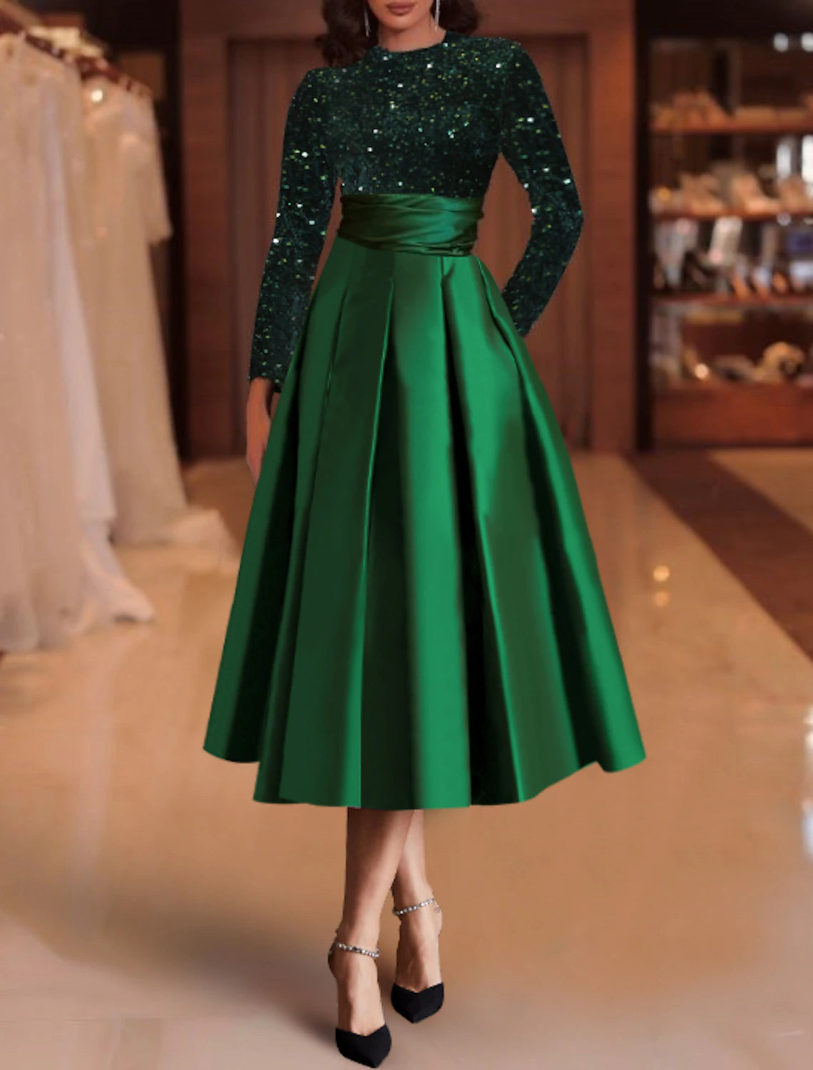 A-Line Cocktail Dresses Elegant Dress Christmas Red Green Dress Wedding Guest Tea Length Long Sleeve Jewel Neck Satin with Pleats Sequin 2024-SOGOTADE