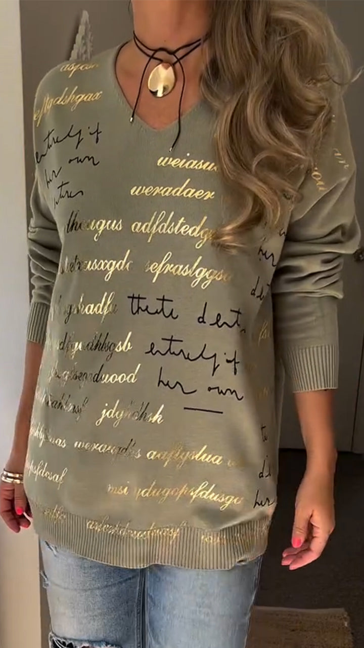 Women's V-neck Text Print Casual Top