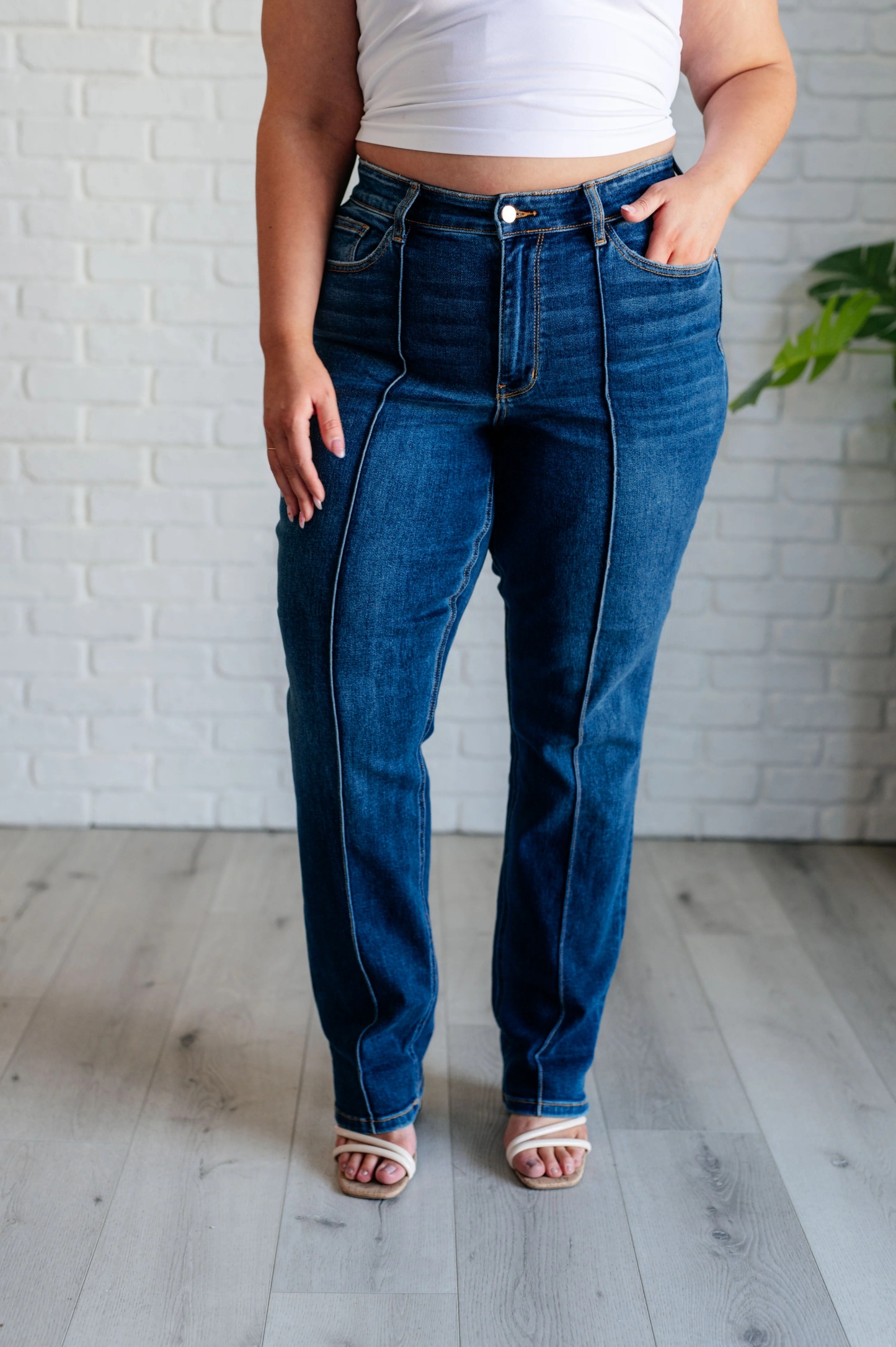 High Rise Front Seam Detail & Cuffed Straight Fit Jeans (Buy 2 Free Shipping)
