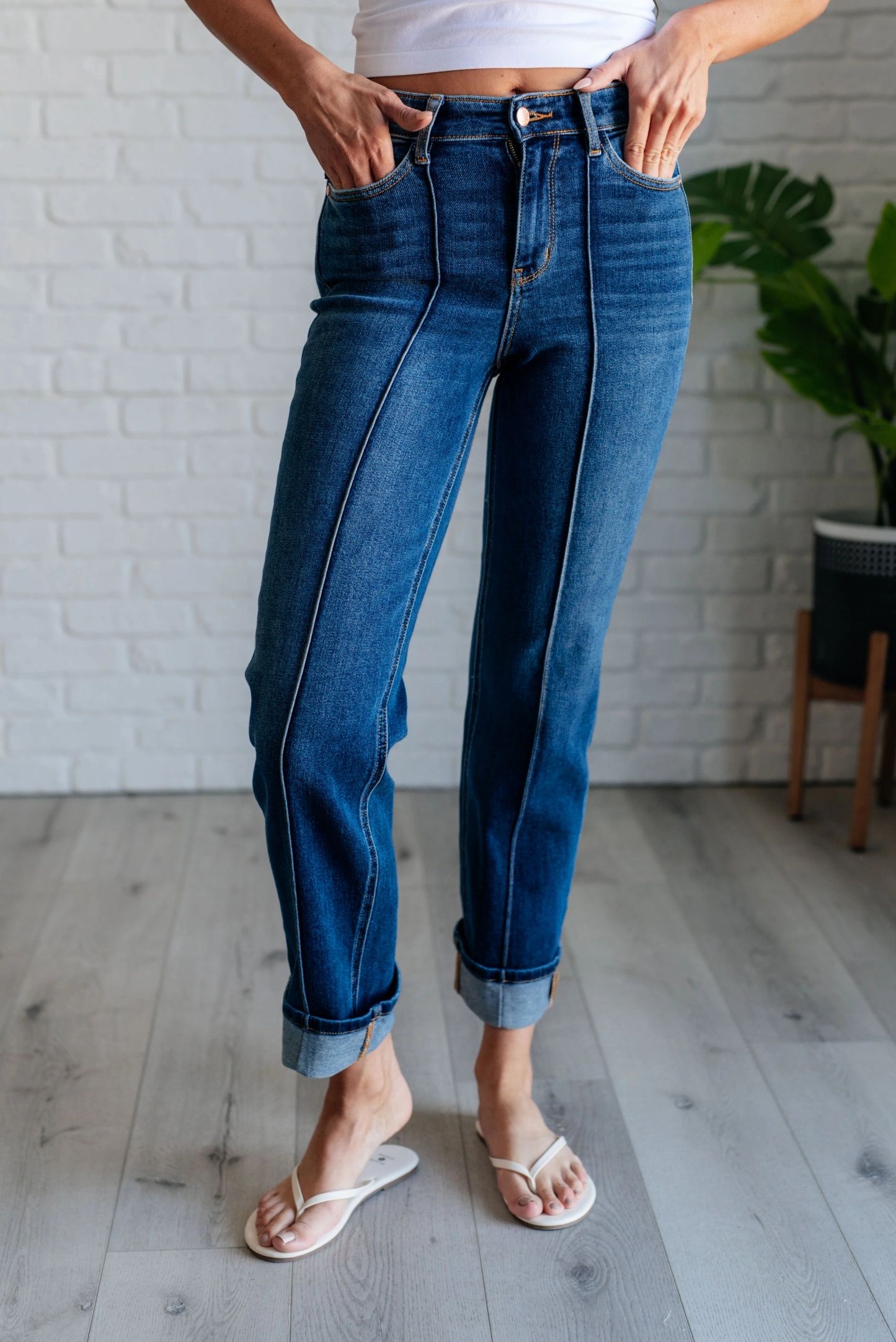 High Rise Front Seam Detail & Cuffed Straight Fit Jeans (Buy 2 Free Shipping)