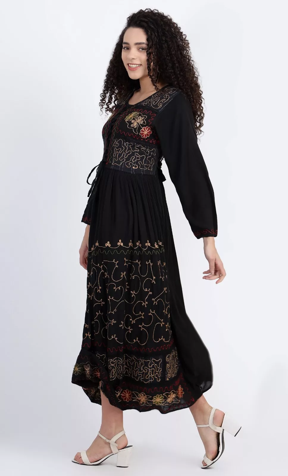 Maxi Dress Long Sleeve Crinkle Stonewash Rayon Lace up Embroidered 14 16 18