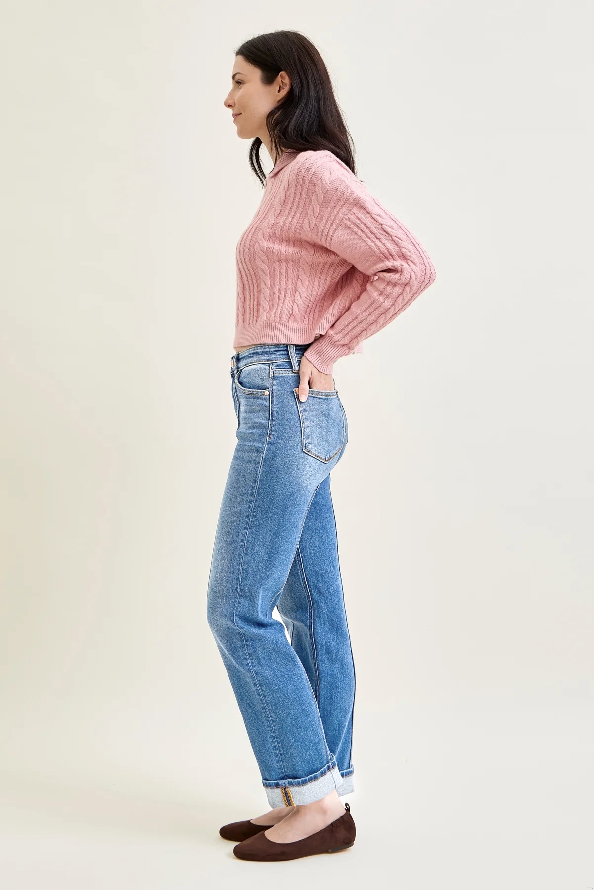 High Rise Front Seam Detail & Cuffed Straight Fit Jeans (Buy 2 Free Shipping)