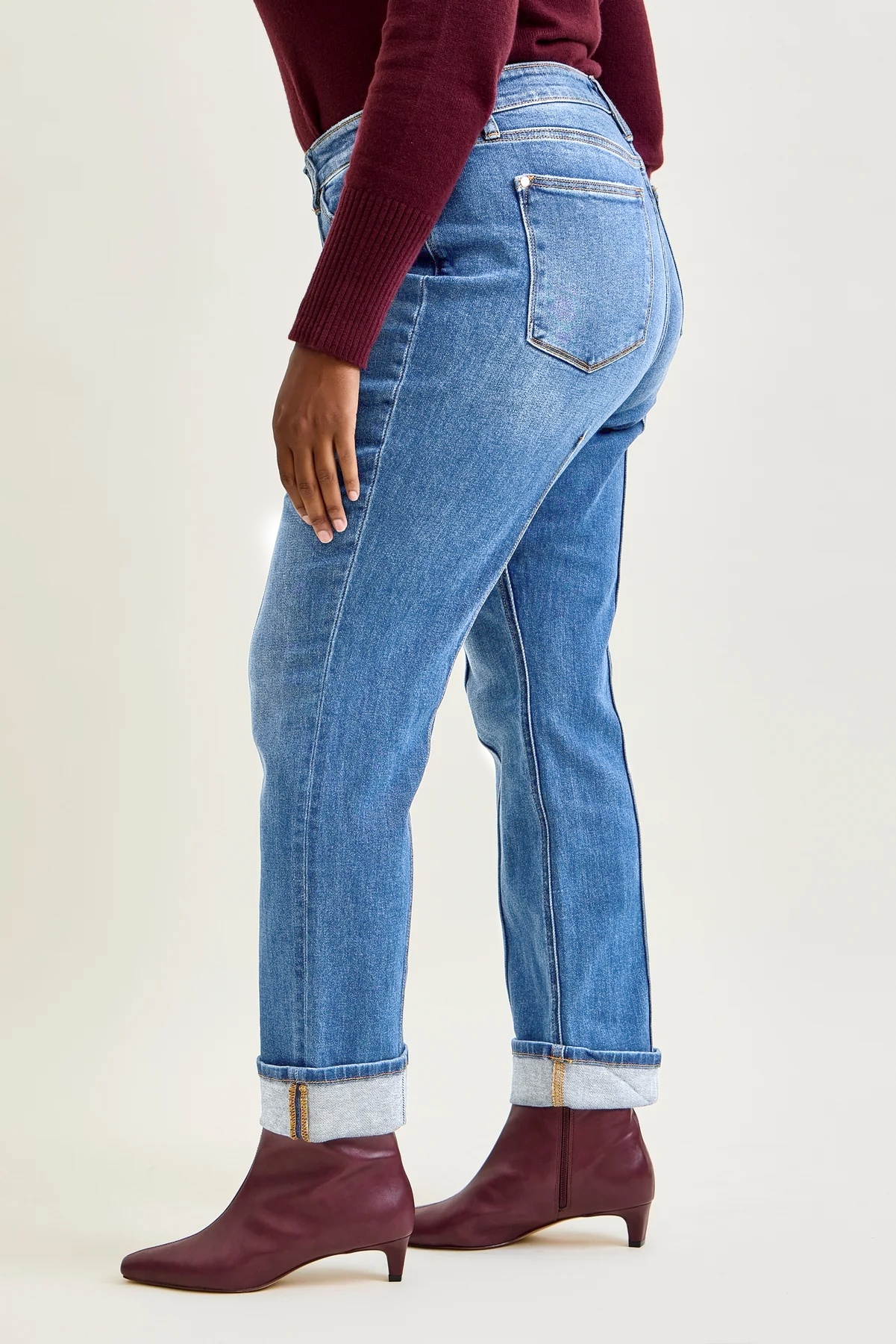 High Rise Front Seam Detail & Cuffed Straight Fit Jeans (Buy 2 Free Shipping)