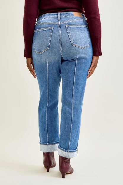 High Rise Front Seam Detail & Cuffed Straight Fit Jeans (Buy 2 Free Shipping)