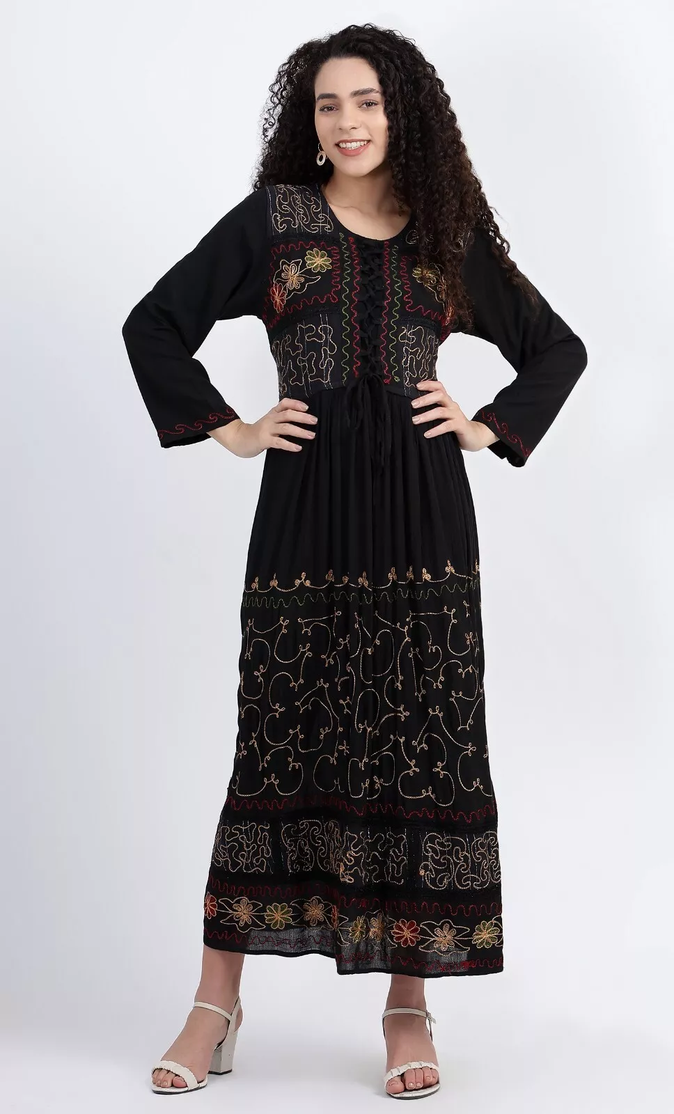 Maxi Dress Long Sleeve Crinkle Stonewash Rayon Lace up Embroidered 14 16 18