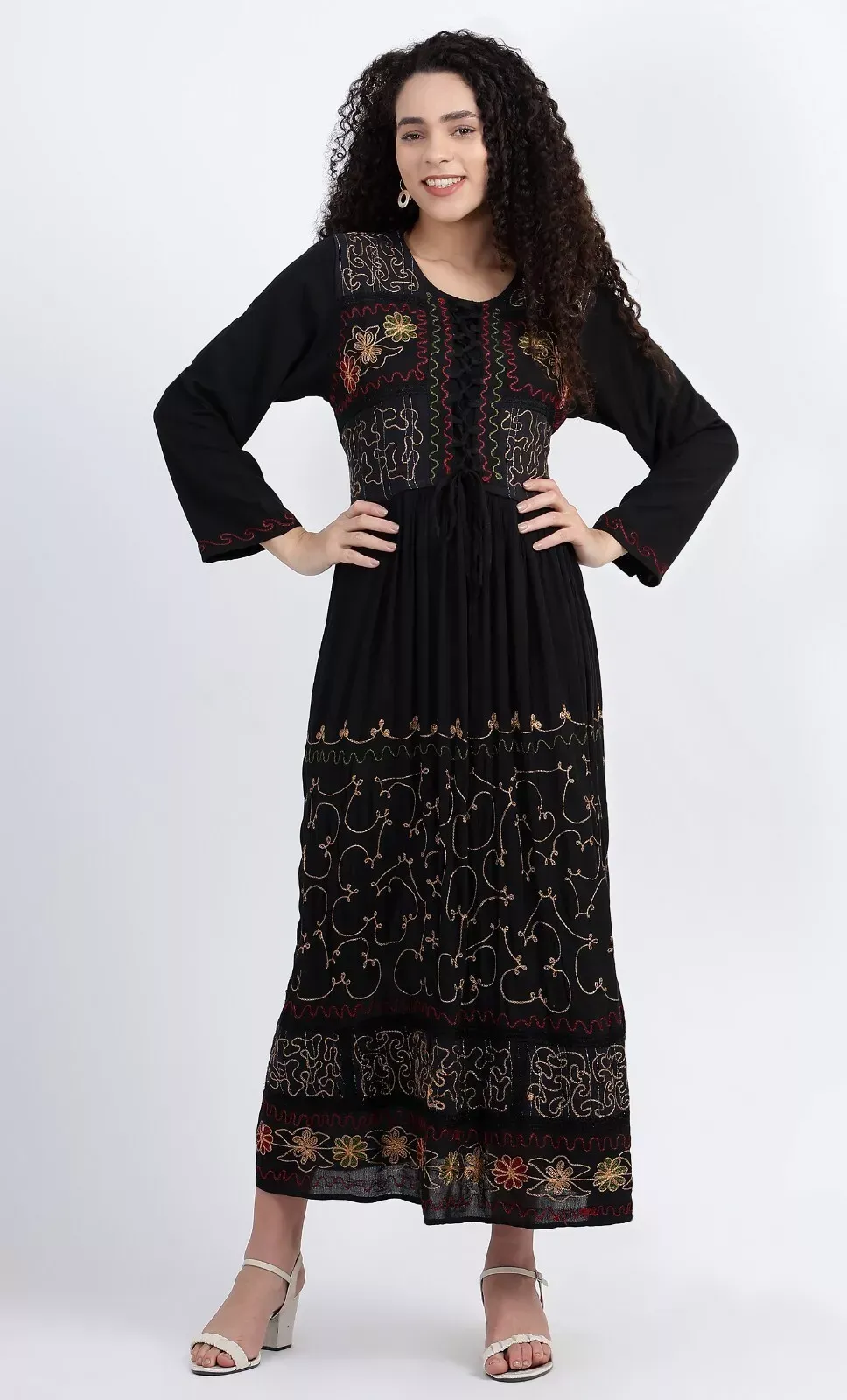 Maxi Dress Long Sleeve Crinkle Stonewash Rayon Lace up Embroidered 14 16 18