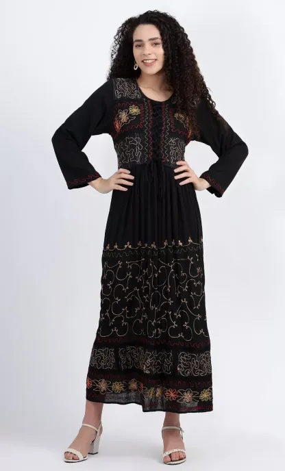 Maxi Dress Long Sleeve Crinkle Stonewash Rayon Lace up Embroidered 14 16 18