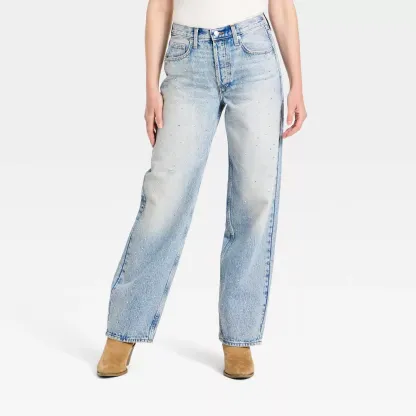 Mid-Rise 90's Baggy Denim Rhinestone Jeans