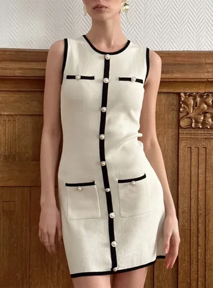 2024 New Chic Female Beach Party Robes Women Sexy O Neck Sleeveless Short Vestidos Summer Elegant Patchwork Mini Knitted Dress