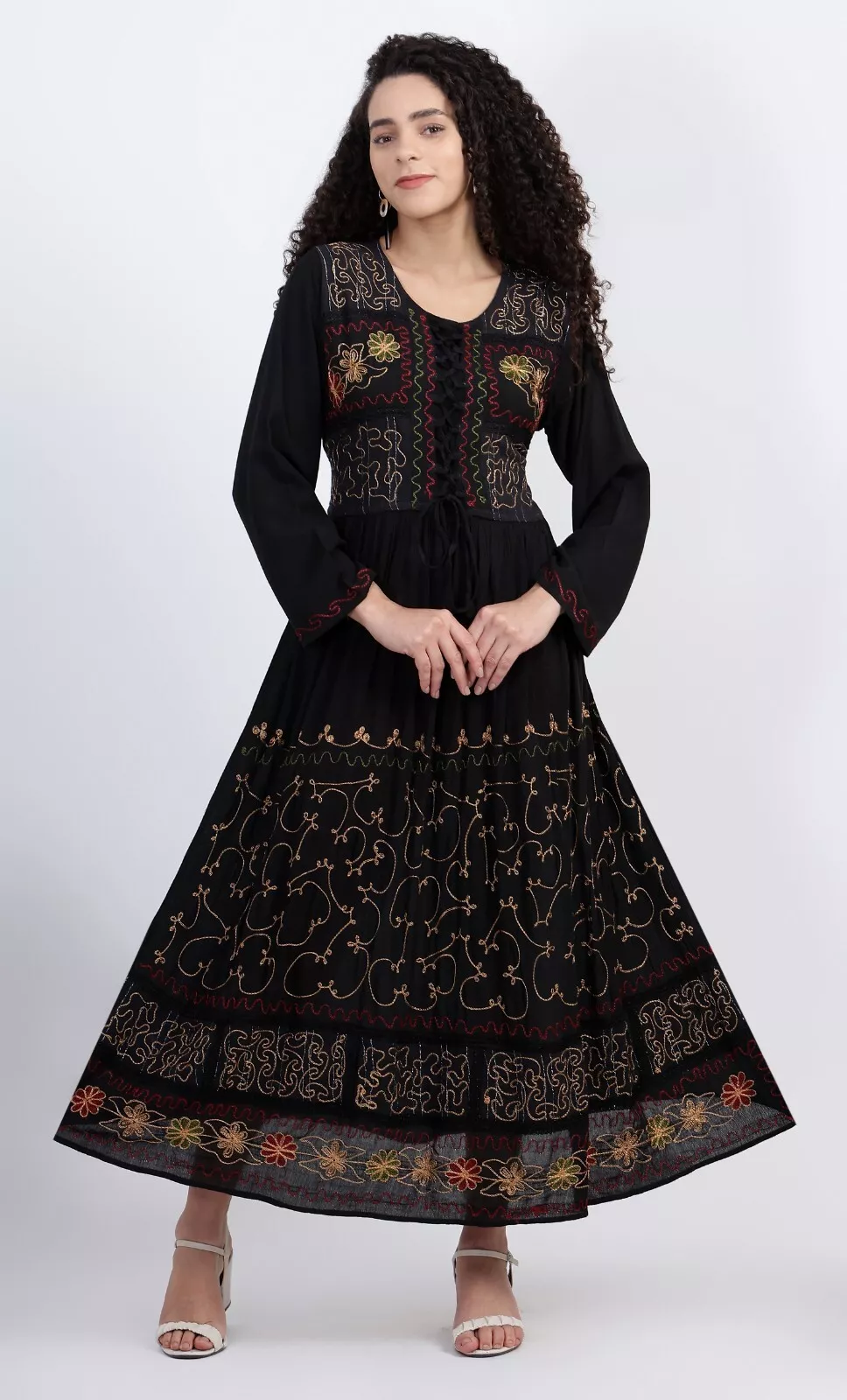 Maxi Dress Long Sleeve Crinkle Stonewash Rayon Lace up Embroidered 14 16 18