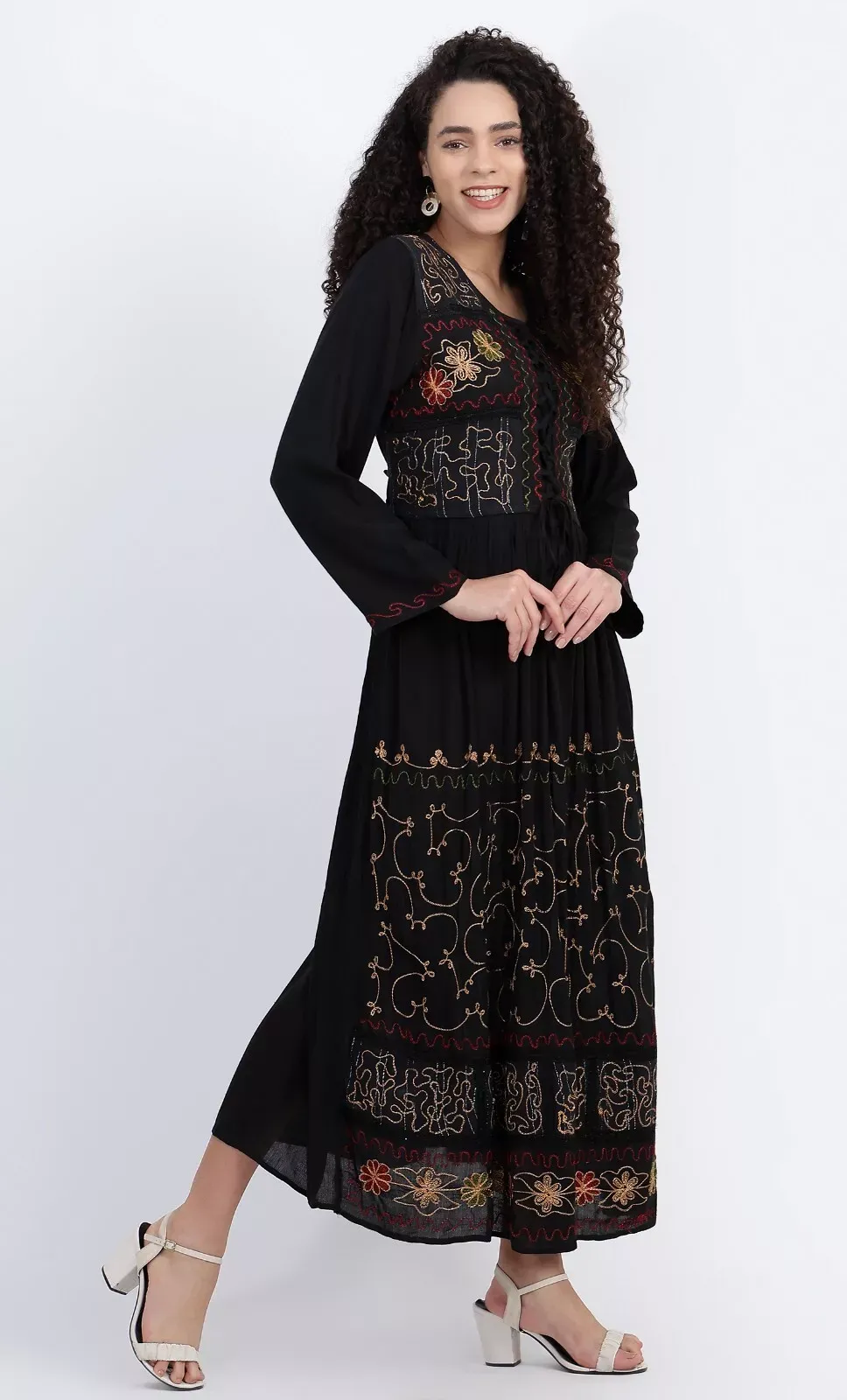 Maxi Dress Long Sleeve Crinkle Stonewash Rayon Lace up Embroidered 14 16 18