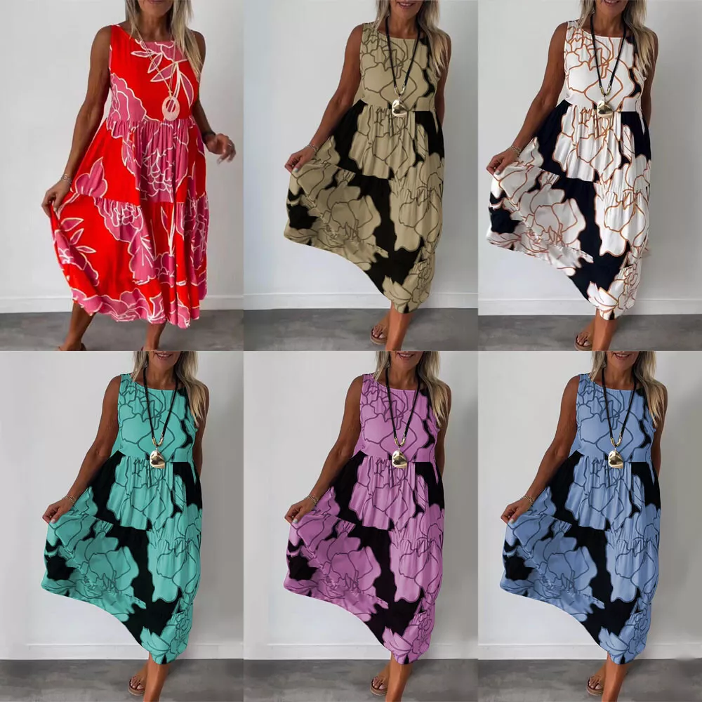 Women Casual Dresses Sleeveless Floral Sundress Holiday Beach Swing Dresses